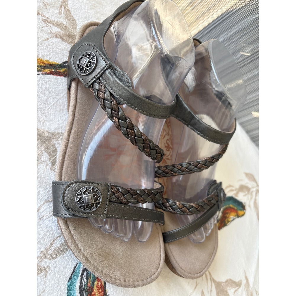 Aetrex Women Metallic Charcoal Braided Orthotic Wedge Sandals Medallion Strappy